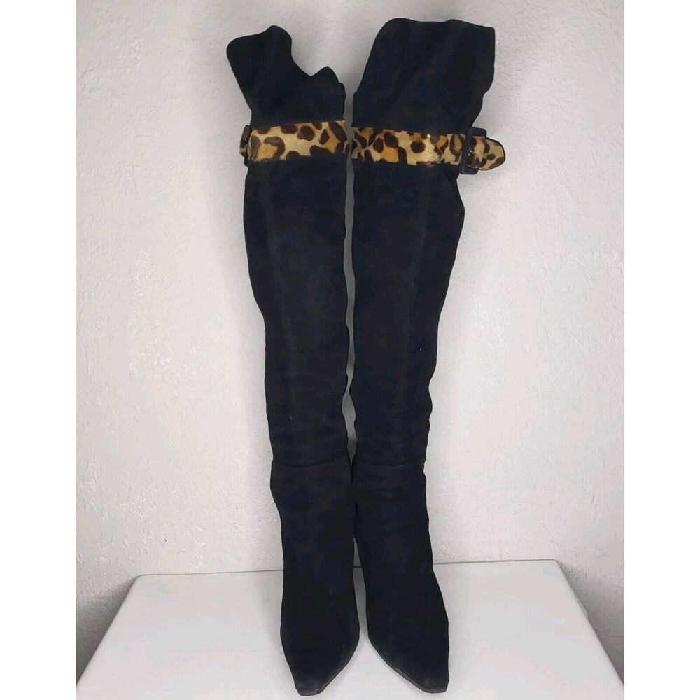 Stuart weitzman Over The Knee Black Suede Leopard Pointed Toe Heel Sz 6.5 Boots - Picture 2 of 13